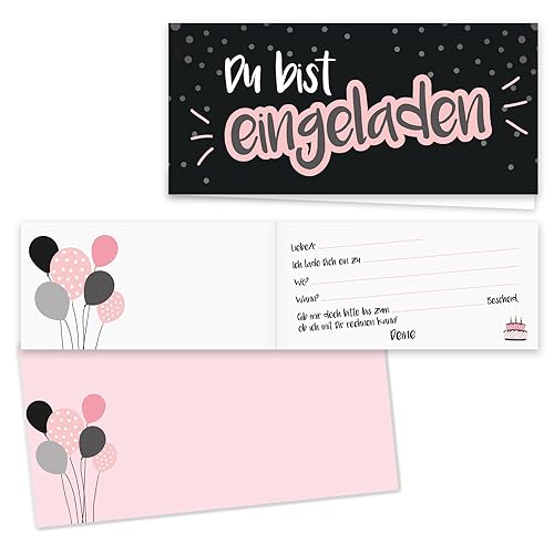 younikat 15 Einladungskarten mit Umschlägen I DIN lang (210 x 99 mm) I Einladung Set Kinder-Geburtstag zum Ausfüllen für Kinder Mädchen schwarz rosa I dv099 schwarz von younikat