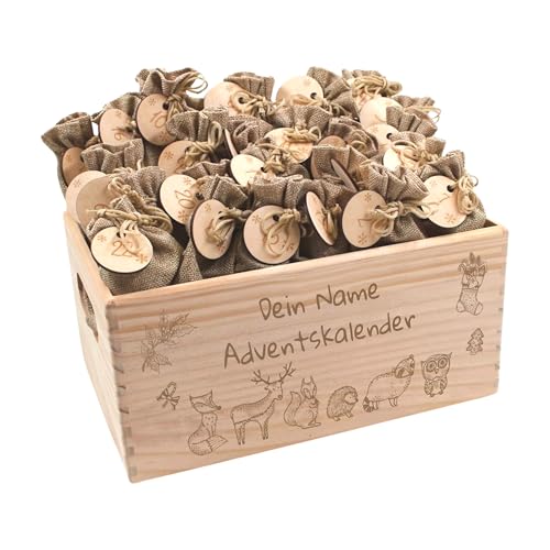 Adventskalender mit Name, Adventskalender zum Befüllen, Adventskiste Kinder, Adventskalender Kinder, Adventskiste personalisiert, Weihnachtskalender aus Nadel-Holz mit Namen Waldtiere von die-veredler