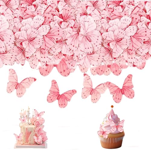 Dinghaole 40 Stück rosa Schmetterling-Kuchendekorationen, 3D-Schmetterling-Kuchenaufsatz für Geburtstag, Hochzeit, Party, Cupcake, Lebensmitteldekoration von dinghaole