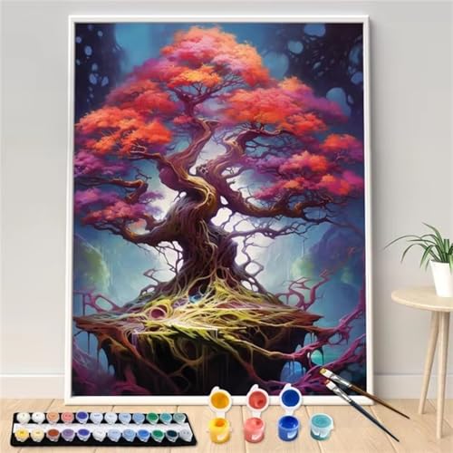 Baum Malen Nach Zahlen Erwachsene,DIY Framed DIY Handgemalt Ölgemälde Leinwand Kits Mit Pinsels und Acrylfarbe Als Geschenke und Heimdekoration 50x65cm von ditlvy