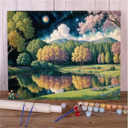 Baumsee Malen Nach Zahlen Erwachsene,DIY Framed DIY Handgemalt Ölgemälde Leinwand Kits Mit Pinsels und Acrylfarbe Als Geschenke und Heimdekoration 50x65cm von ditlvy