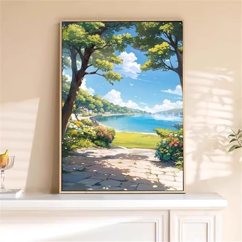 Baumsee Malen Nach Zahlen Erwachsene,DIY Framed DIY Handgemalt Ölgemälde Leinwand Kits Mit Pinsels und Acrylfarbe Als Geschenke und Heimdekoration 55x70cm von ditlvy