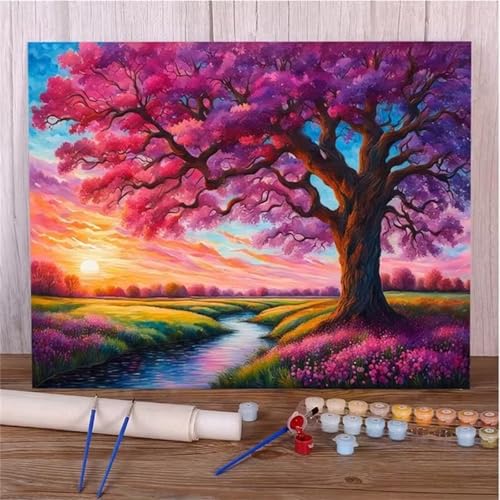 Baumsonnenuntergang Malen Nach Zahlen Erwachsene,Without Framed DIY Handgemalt Ölgemälde Leinwand Kits Mit Pinsels und Acrylfarbe Als Geschenke und Heimdekoration 55x70cm von ditlvy