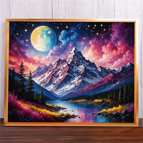 Berge Mond Malen Nach Zahlen Erwachsene,DIY Framed DIY Handgemalt Ölgemälde Leinwand Kits Mit Pinsels und Acrylfarbe Als Geschenke und Heimdekoration 30x40cm von ditlvy