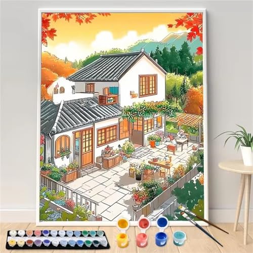 Blick auf den Innenhof Malen Nach Zahlen Erwachsene,DIY Framed DIY Handgemalt Ölgemälde Leinwand Kits Mit Pinsels und Acrylfarbe Als Geschenke und Heimdekoration 40x50cm von ditlvy