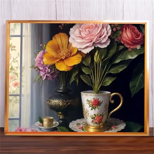 Blumenbecher Malen Nach Zahlen Erwachsene,DIY Framed DIY Handgemalt Ölgemälde Leinwand Kits Mit Pinsels und Acrylfarbe Als Geschenke und Heimdekoration 45x60cm von ditlvy