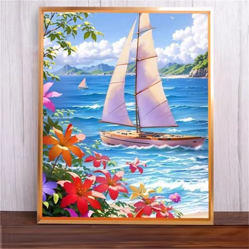 Blumensegelboot Malen Nach Zahlen Erwachsene,Without Framed DIY Handgemalt Ölgemälde Leinwand Kits Mit Pinsels und Acrylfarbe Als Geschenke und Heimdekoration 45x60cm von ditlvy