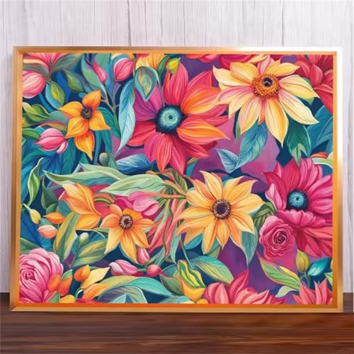 Bunte Blume Malen Nach Zahlen Erwachsene,DIY Framed DIY Handgemalt Ölgemälde Leinwand Kits Mit Pinsels und Acrylfarbe Als Geschenke und Heimdekoration 55x70cm von ditlvy