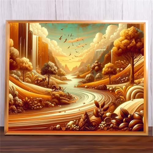 Goldene Landschaft Malen Nach Zahlen Erwachsene,DIY Framed DIY Handgemalt Ölgemälde Leinwand Kits Mit Pinsels und Acrylfarbe Als Geschenke und Heimdekoration 45x60cm von ditlvy