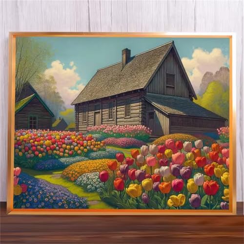 Häuser Tulpen Malen Nach Zahlen Erwachsene,DIY Framed DIY Handgemalt Ölgemälde Leinwand Kits Mit Pinsels und Acrylfarbe Als Geschenke und Heimdekoration 40x50cm von ditlvy