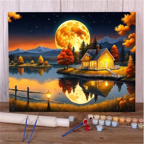 Haus Mond Malen Nach Zahlen Erwachsene,DIY Framed DIY Handgemalt Ölgemälde Leinwand Kits Mit Pinsels und Acrylfarbe Als Geschenke und Heimdekoration 30x40cm von ditlvy