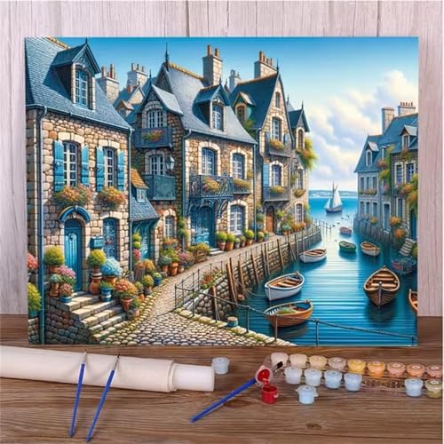 Hausboot Malen Nach Zahlen Erwachsene,DIY Framed DIY Handgemalt Ölgemälde Leinwand Kits Mit Pinsels und Acrylfarbe Als Geschenke und Heimdekoration 45x60cm von ditlvy