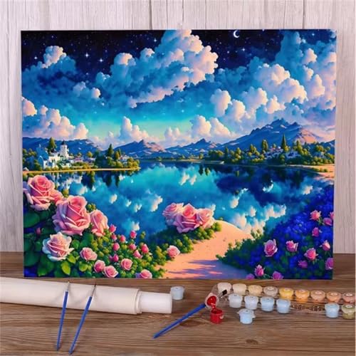 Himmelsblumen Malen Nach Zahlen Erwachsene,DIY Framed DIY Handgemalt Ölgemälde Leinwand Kits Mit Pinsels und Acrylfarbe Als Geschenke und Heimdekoration 55x70cm von ditlvy