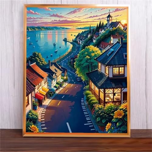 Küstenstraßen Malen Nach Zahlen Erwachsene,DIY Framed DIY Handgemalt Ölgemälde Leinwand Kits Mit Pinsels und Acrylfarbe Als Geschenke und Heimdekoration 55x70cm von ditlvy