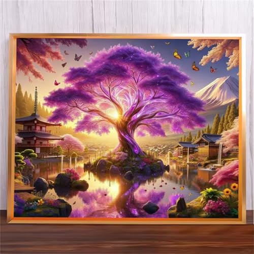 Lila Baum Malen Nach Zahlen Erwachsene,DIY Framed DIY Handgemalt Ölgemälde Leinwand Kits Mit Pinsels und Acrylfarbe Als Geschenke und Heimdekoration 30x40cm von ditlvy