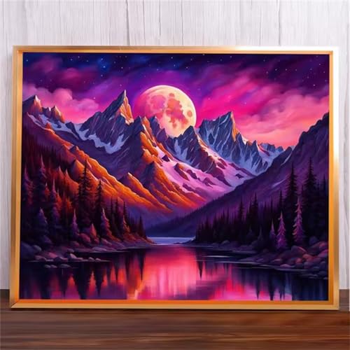 Lila Berg Malen Nach Zahlen Erwachsene,DIY Framed DIY Handgemalt Ölgemälde Leinwand Kits Mit Pinsels und Acrylfarbe Als Geschenke und Heimdekoration 55x70cm von ditlvy