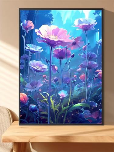 Lila Blumen Malen Nach Zahlen Erwachsene,DIY Framed DIY Handgemalt Ölgemälde Leinwand Kits Mit Pinsels und Acrylfarbe Als Geschenke und Heimdekoration 55x70cm von ditlvy