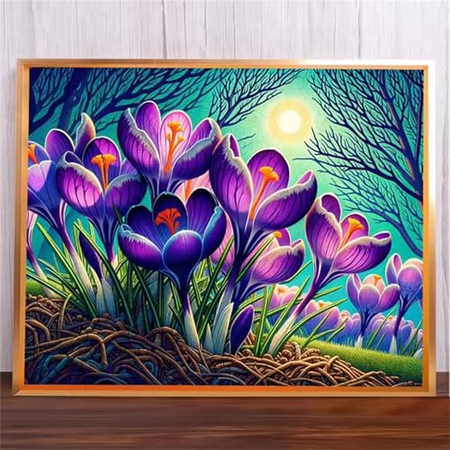 Lila Blumen Malen Nach Zahlen Erwachsene,DIY Framed DIY Handgemalt Ölgemälde Leinwand Kits Mit Pinsels und Acrylfarbe Als Geschenke und Heimdekoration 55x70cm von ditlvy