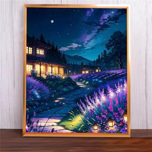 Lila Blumennacht Malen Nach Zahlen Erwachsene,DIY Framed DIY Handgemalt Ölgemälde Leinwand Kits Mit Pinsels und Acrylfarbe Als Geschenke und Heimdekoration 55x70cm von ditlvy