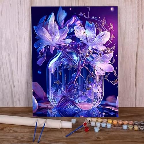 Lila Kristallblumen Malen Nach Zahlen Erwachsene,DIY Framed DIY Handgemalt Ölgemälde Leinwand Kits Mit Pinsels und Acrylfarbe Als Geschenke und Heimdekoration 40x50cm von ditlvy