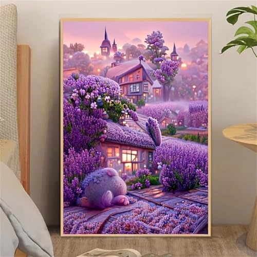 Lila Landschaft Malen Nach Zahlen Erwachsene,DIY Framed DIY Handgemalt Ölgemälde Leinwand Kits Mit Pinsels und Acrylfarbe Als Geschenke und Heimdekoration 55x70cm von ditlvy