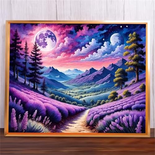 Lila Landschaft Malen Nach Zahlen Erwachsene,DIY Framed DIY Handgemalt Ölgemälde Leinwand Kits Mit Pinsels und Acrylfarbe Als Geschenke und Heimdekoration 55x70cm von ditlvy