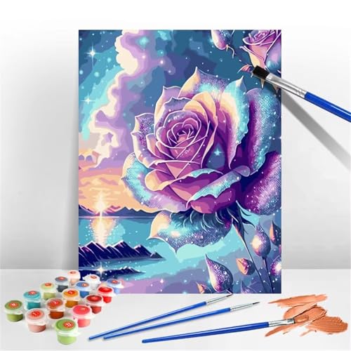 Lila Rose Malen Nach Zahlen Erwachsene,DIY Framed DIY Handgemalt Ölgemälde Leinwand Kits Mit Pinsels und Acrylfarbe Als Geschenke und Heimdekoration 30x40cm von ditlvy