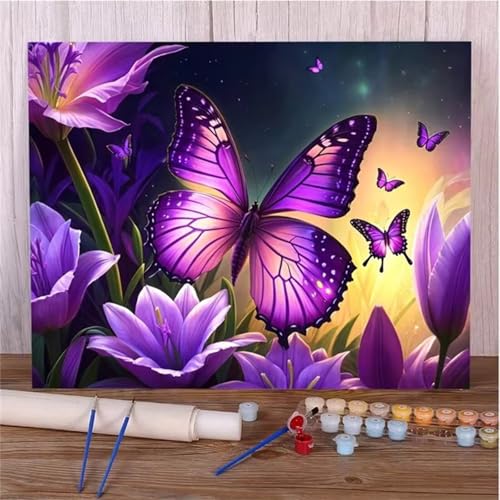 Lila Schmetterling Malen Nach Zahlen Erwachsene,DIY Framed DIY Handgemalt Ölgemälde Leinwand Kits Mit Pinsels und Acrylfarbe Als Geschenke und Heimdekoration 55x70cm von ditlvy