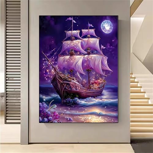 Lila Segelboot Malen Nach Zahlen Erwachsene,DIY Framed DIY Handgemalt Ölgemälde Leinwand Kits Mit Pinsels und Acrylfarbe Als Geschenke und Heimdekoration 40x50cm von ditlvy