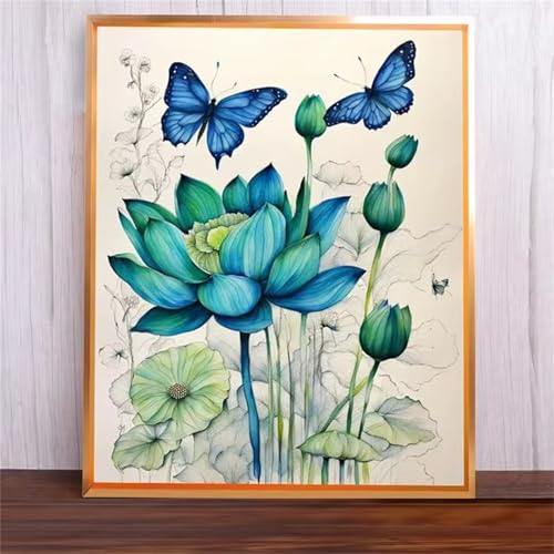 Lotus-Schmetterling Malen Nach Zahlen Erwachsene,DIY Framed DIY Handgemalt Ölgemälde Leinwand Kits Mit Pinsels und Acrylfarbe Als Geschenke und Heimdekoration 50x65cm von ditlvy