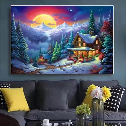 Mond-Schnee-Haus Malen Nach Zahlen Erwachsene,DIY Framed DIY Handgemalt Ölgemälde Leinwand Kits Mit Pinsels und Acrylfarbe Als Geschenke und Heimdekoration 30x40cm von ditlvy