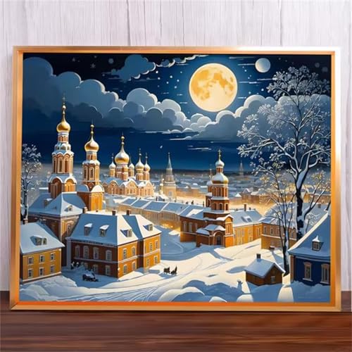 Mond-Schnee-Haus Malen Nach Zahlen Erwachsene,DIY Framed DIY Handgemalt Ölgemälde Leinwand Kits Mit Pinsels und Acrylfarbe Als Geschenke und Heimdekoration 30x40cm von ditlvy