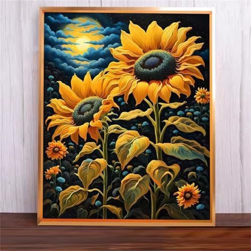 Mondsonnenblumen Malen Nach Zahlen Erwachsene,DIY Framed DIY Handgemalt Ölgemälde Leinwand Kits Mit Pinsels und Acrylfarbe Als Geschenke und Heimdekoration 40x50cm von ditlvy