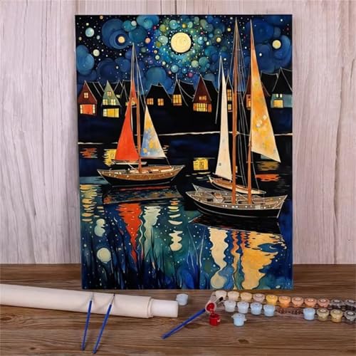 Nachtboot Malen Nach Zahlen Erwachsene,DIY Framed DIY Handgemalt Ölgemälde Leinwand Kits Mit Pinsels und Acrylfarbe Als Geschenke und Heimdekoration 30x40cm von ditlvy