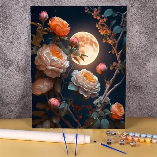 Nachtmondblumen Malen Nach Zahlen Erwachsene,DIY Framed DIY Handgemalt Ölgemälde Leinwand Kits Mit Pinsels und Acrylfarbe Als Geschenke und Heimdekoration 30x40cm von ditlvy