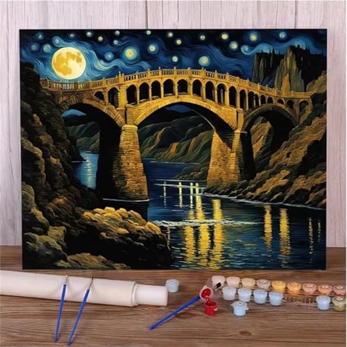 Nachtszenenbrücke Malen Nach Zahlen Erwachsene,DIY Framed DIY Handgemalt Ölgemälde Leinwand Kits Mit Pinsels und Acrylfarbe Als Geschenke und Heimdekoration 55x70cm von ditlvy