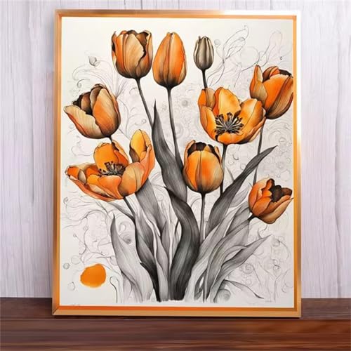 Orangefarbene Tulpen Malen Nach Zahlen Erwachsene,DIY Framed DIY Handgemalt Ölgemälde Leinwand Kits Mit Pinsels und Acrylfarbe Als Geschenke und Heimdekoration 30x40cm von ditlvy