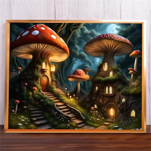 Pilzhaus Malen Nach Zahlen Erwachsene,DIY Framed DIY Handgemalt Ölgemälde Leinwand Kits Mit Pinsels und Acrylfarbe Als Geschenke und Heimdekoration 55x70cm von ditlvy