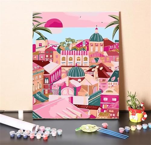 Rosa Architektur Malen Nach Zahlen Erwachsene,DIY Framed DIY Handgemalt Ölgemälde Leinwand Kits Mit Pinsels und Acrylfarbe Als Geschenke und Heimdekoration 50x65cm von ditlvy