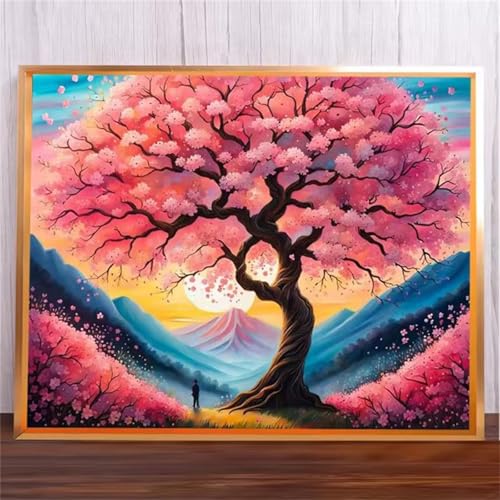 Rosa Baum Malen Nach Zahlen Erwachsene,DIY Framed DIY Handgemalt Ölgemälde Leinwand Kits Mit Pinsels und Acrylfarbe Als Geschenke und Heimdekoration 45x60cm von ditlvy