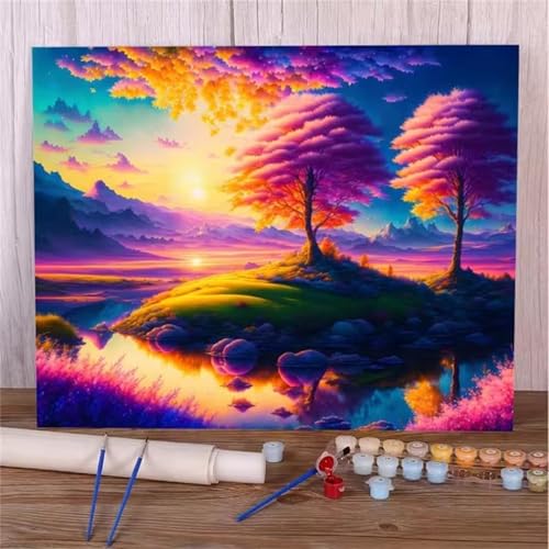 Rosa Baumlandschaft Malen Nach Zahlen Erwachsene,DIY Framed DIY Handgemalt Ölgemälde Leinwand Kits Mit Pinsels und Acrylfarbe Als Geschenke und Heimdekoration 60x75cm von ditlvy