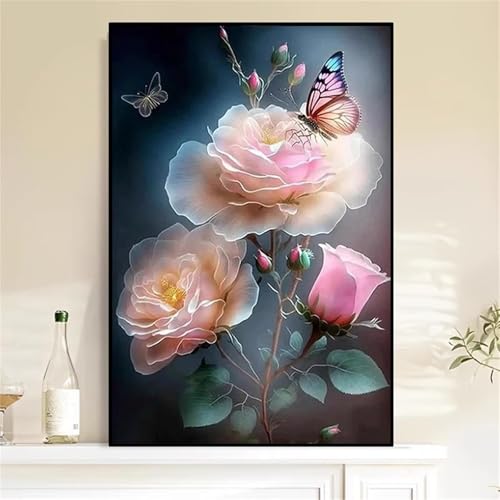 Rosa Blume Malen Nach Zahlen Erwachsene,DIY Framed DIY Handgemalt Ölgemälde Leinwand Kits Mit Pinsels und Acrylfarbe Als Geschenke und Heimdekoration 45x60cm von ditlvy