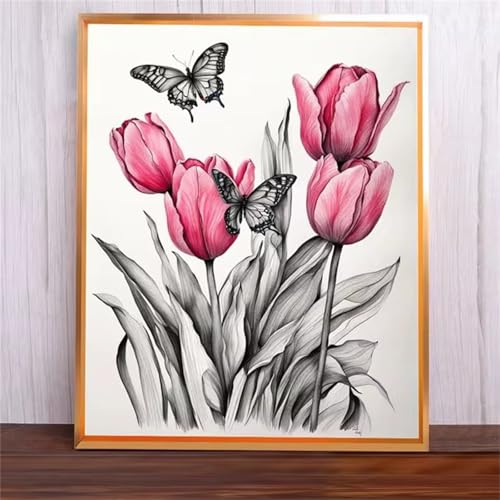 Rosa Tulpen Malen Nach Zahlen Erwachsene,DIY Framed DIY Handgemalt Ölgemälde Leinwand Kits Mit Pinsels und Acrylfarbe Als Geschenke und Heimdekoration 45x60cm von ditlvy