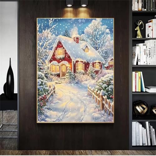 Schneehaus Malen Nach Zahlen Erwachsene,DIY Framed DIY Handgemalt Ölgemälde Leinwand Kits Mit Pinsels und Acrylfarbe Als Geschenke und Heimdekoration 50x65cm von ditlvy