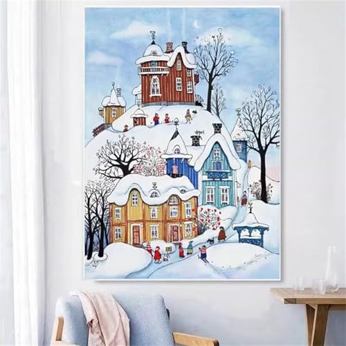 Schneehaus Malen Nach Zahlen Erwachsene,DIY Framed DIY Handgemalt Ölgemälde Leinwand Kits Mit Pinsels und Acrylfarbe Als Geschenke und Heimdekoration 50x65cm von ditlvy