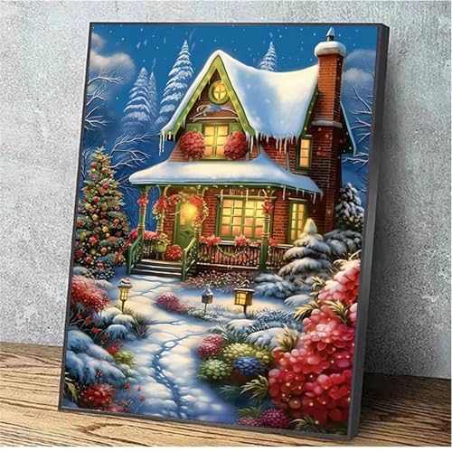 Schneehaus Malen Nach Zahlen Erwachsene,DIY Framed DIY Handgemalt Ölgemälde Leinwand Kits Mit Pinsels und Acrylfarbe Als Geschenke und Heimdekoration 55x70cm von ditlvy