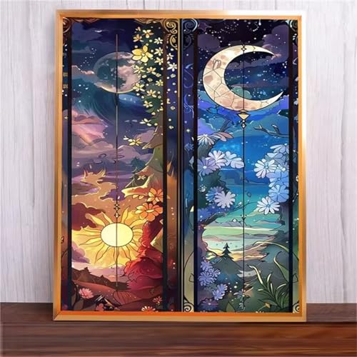 Sonne Mond Malen Nach Zahlen Erwachsene,DIY Framed DIY Handgemalt Ölgemälde Leinwand Kits Mit Pinsels und Acrylfarbe Als Geschenke und Heimdekoration 55x70cm von ditlvy