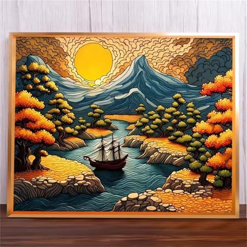 Sonnenlandschaft Malen Nach Zahlen Erwachsene,DIY Framed DIY Handgemalt Ölgemälde Leinwand Kits Mit Pinsels und Acrylfarbe Als Geschenke und Heimdekoration 55x70cm von ditlvy