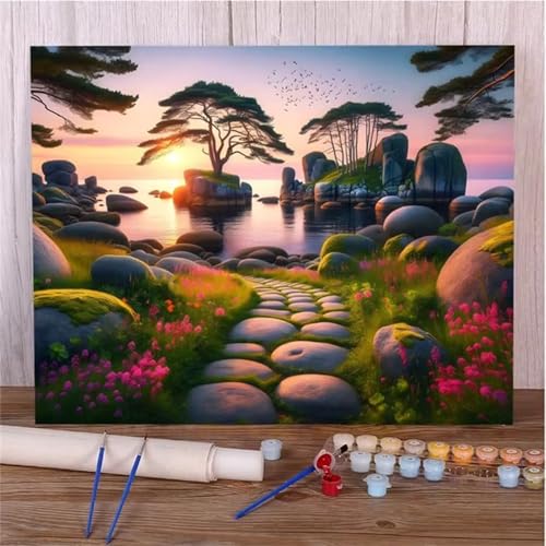 Sonnenuntergangslandschaft Malen Nach Zahlen Erwachsene,DIY Framed DIY Handgemalt Ölgemälde Leinwand Kits Mit Pinsels und Acrylfarbe Als Geschenke und Heimdekoration 30x40cm von ditlvy