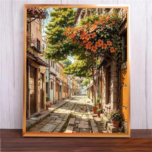 Straßenblumen Malen Nach Zahlen Erwachsene,DIY Framed DIY Handgemalt Ölgemälde Leinwand Kits Mit Pinsels und Acrylfarbe Als Geschenke und Heimdekoration 55x70cm von ditlvy